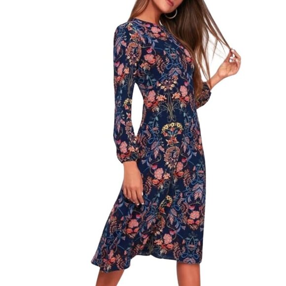 I.Madeline Garden Splendor Navy Blue Flora | Long Sleeve Midi Dress Sz: Small - Picture 15 of 16